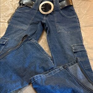 Classic Bell Bottom Carpenter Jeans with Multiple Patch Pockets Belted Chains